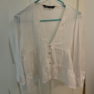 Zara White Linen Peplum Tiered Button Front Top Sz. M